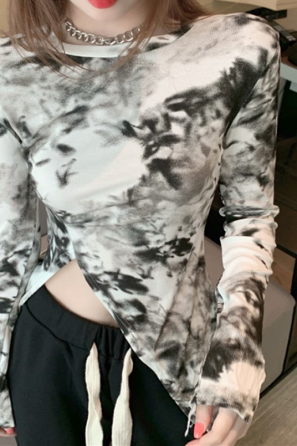 로반 타이다이 라운드넥 슬릿 디자인 긴팔 티셔츠