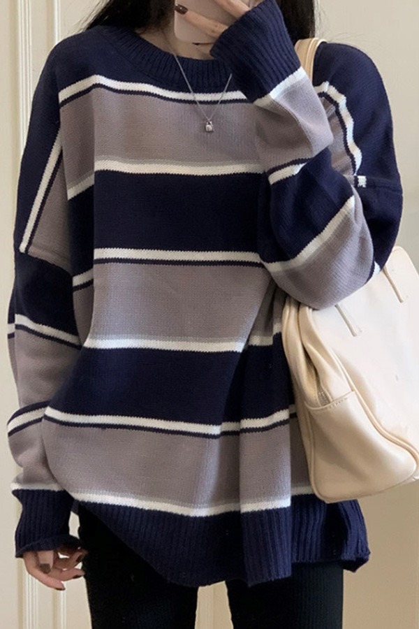 레아 라운드넥 빈티지 캐주얼룩 긴소매 롱블리브 와이드 스트라이프 배색 패턴 루즈핏 긴팔 니트 스웨터